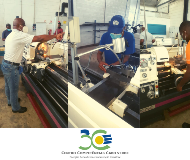 Three side-by-side photos of Cape Verdeans operating a machining centre at the 3C training centre.
