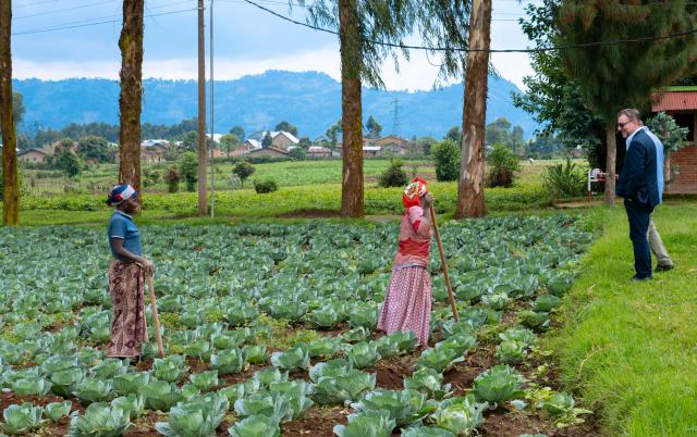 Man visiting women working in a field