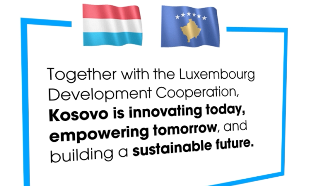 Image avec les drapeaux luxembourgeois et kosovar, un encadré avec du texte