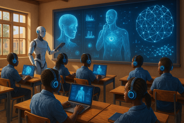 AI generated picture of students in a classroom with a robot teacher, laptops, and headsets