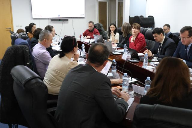 Project manager presenting part of a report at a meeting with government counterparts 