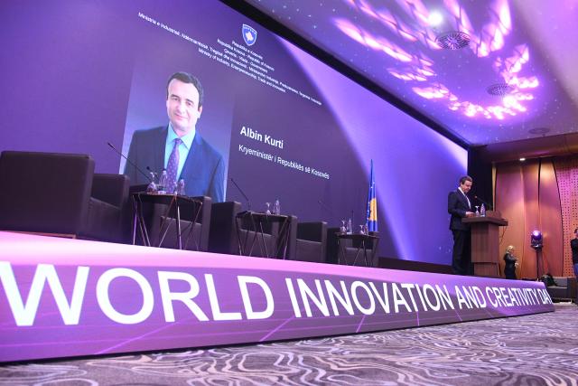 Prime Minister addressing a conference in Kosovo